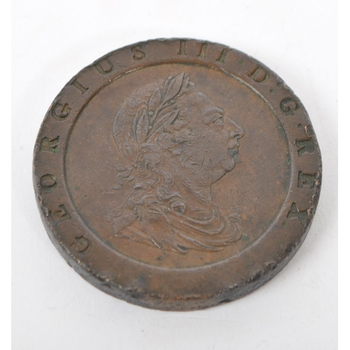 535 - A 18th century George III c. 1797 two-penny cartwheel coin. Measures approx. 46mm diameter. Total we... 