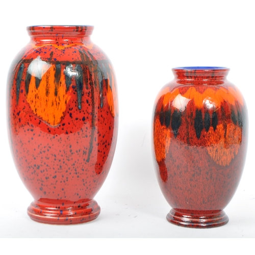 55 - Poole Pottery - Lava - Three pieces of 20th century Poole Pottery to include two vases in the Lava f... 