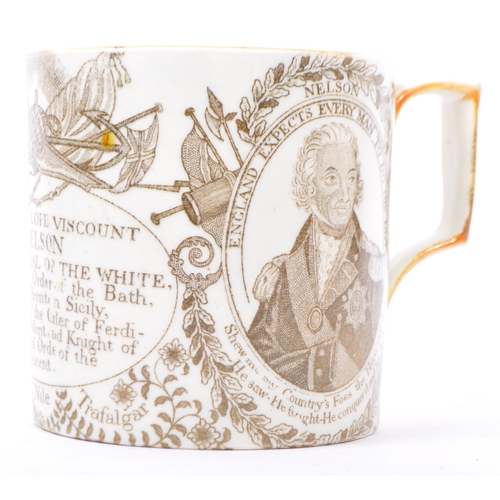 59 - An early 19th century Lord Nelson pearlware commemorative mug in the manner of Swansea. Printed in o... 