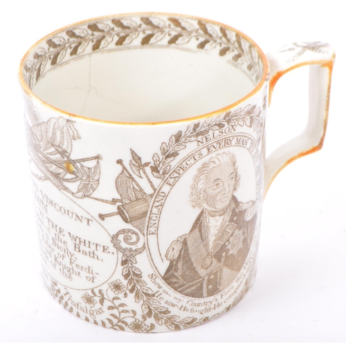 59 - An early 19th century Lord Nelson pearlware commemorative mug in the manner of Swansea. Printed in o... 