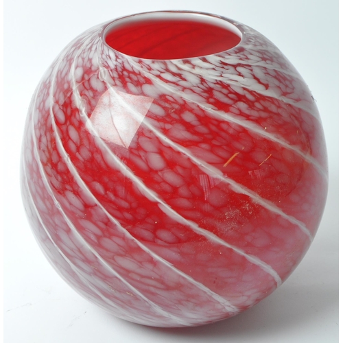 64 - A large vintage 1980's hand blown orb / globe / sphere art glass swirl vase. In a red and white colo... 