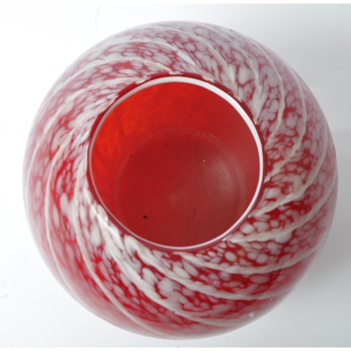 64 - A large vintage 1980's hand blown orb / globe / sphere art glass swirl vase. In a red and white colo... 