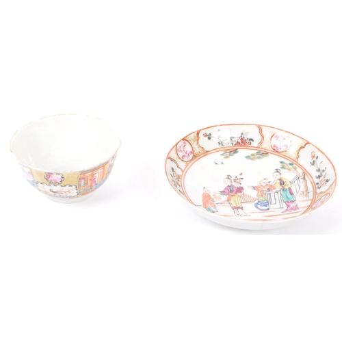 72 - An 18th century Chinese porcelain cup and saucer. The tea bowl and plate each being hand painted wit... 