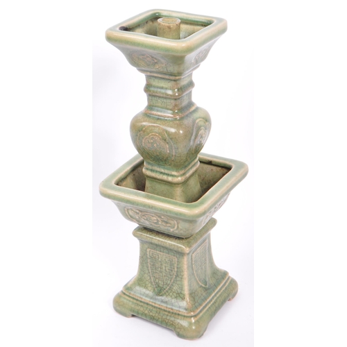 85 - A large 19th century Chinese Wacai Gu form archaic style ceramic green glazed candlestick. The candl... 