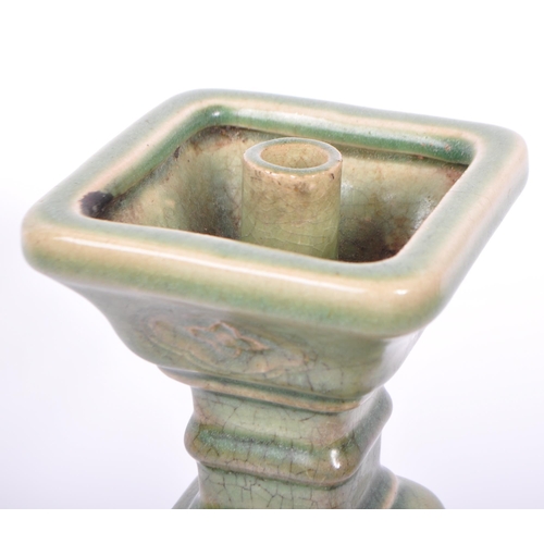 85 - A large 19th century Chinese Wacai Gu form archaic style ceramic green glazed candlestick. The candl... 