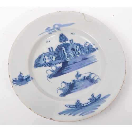 99 - An 18th century English BSB glazed earthenware plate, Bristol, blue and white painted in the Chinese... 