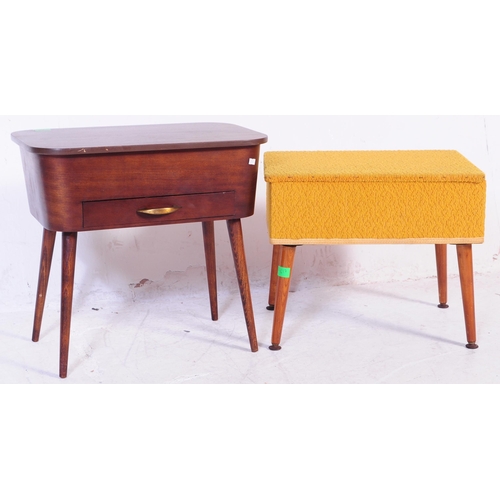 617 - Two mid 20th century retro teak sewing tables. To include example upholstered in a mustard moquette ... 