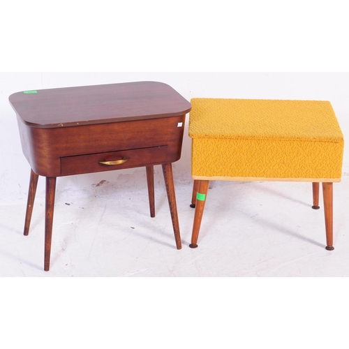 617 - Two mid 20th century retro teak sewing tables. To include example upholstered in a mustard moquette ... 