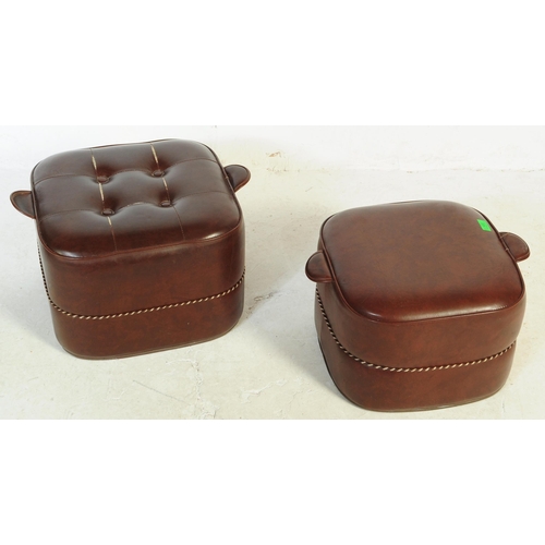 622 - A pair of vintage 20th century leatherette pouffe footstools, one with tufted button top and both ha... 