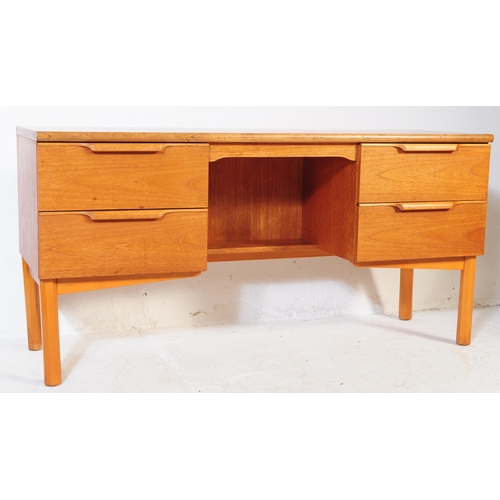 623 - Stonehill - A retro mid 20th century light oak kneehole desk. The desk having central kneehole flank... 