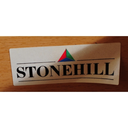 623 - Stonehill - A retro mid 20th century light oak kneehole desk. The desk having central kneehole flank... 