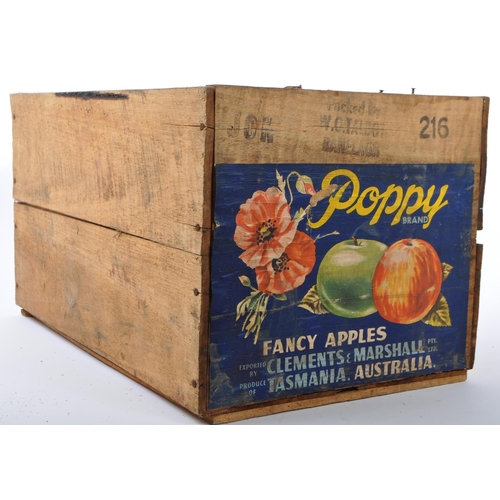 630 - A mid 20th century advertising storage transport crate box. Poppy brand, fancy apples from Tasmania,... 