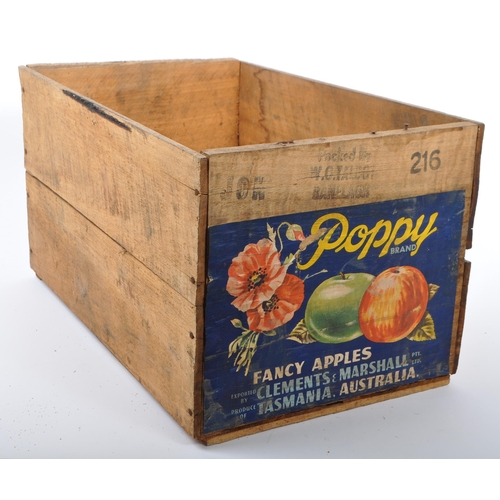 630 - A mid 20th century advertising storage transport crate box. Poppy brand, fancy apples from Tasmania,... 
