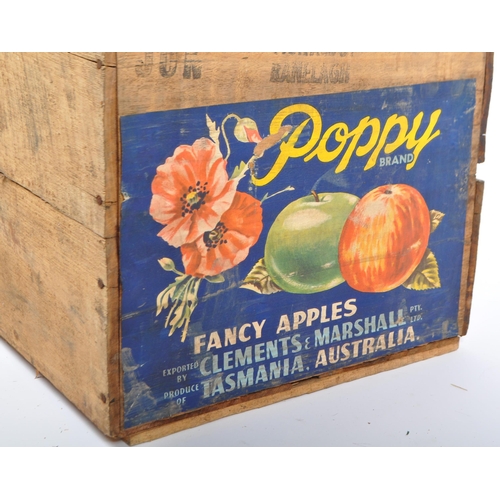 630 - A mid 20th century advertising storage transport crate box. Poppy brand, fancy apples from Tasmania,... 