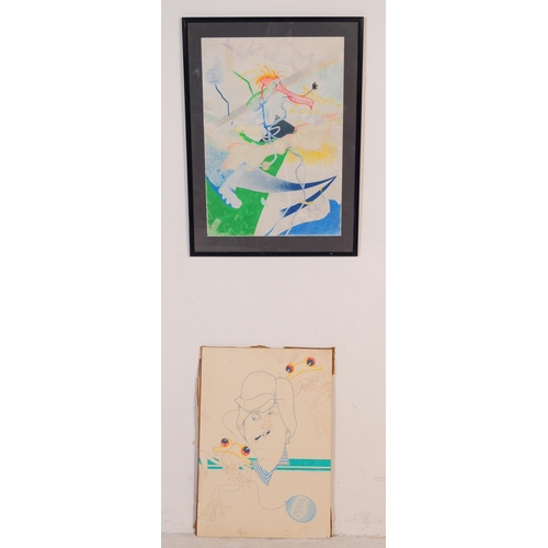 646 - Two vintage late 20th century Ivan Ripley signed chalk and pencil on paper pictures. With polychrome... 