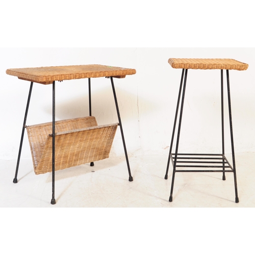 608 - Two vintage 20th century wicker side tables, each having wicker tops and being raises over tubular b... 