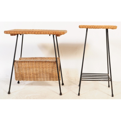 608 - Two vintage 20th century wicker side tables, each having wicker tops and being raises over tubular b... 