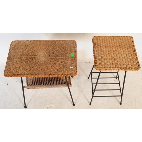 608 - Two vintage 20th century wicker side tables, each having wicker tops and being raises over tubular b... 