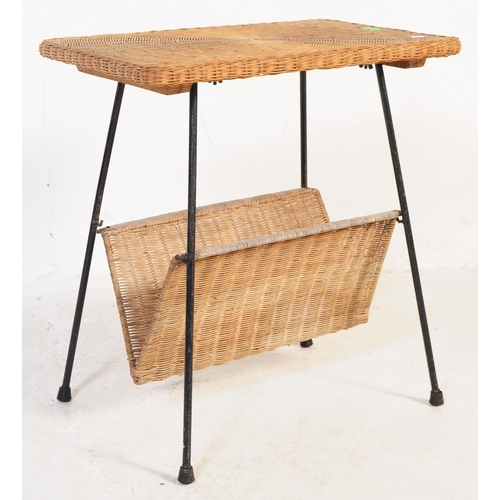 608 - Two vintage 20th century wicker side tables, each having wicker tops and being raises over tubular b... 