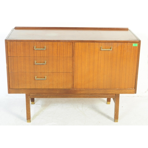 645 - A retro mid 20th Century British design teak wood sideboard credenza having a bank of three drawers ... 