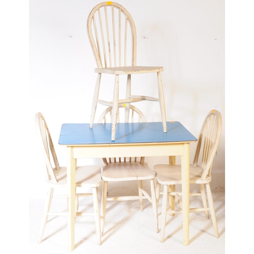 657 - A vintage 20th century kitchen / dining table. With a blue rectangular top with painted frame with t... 