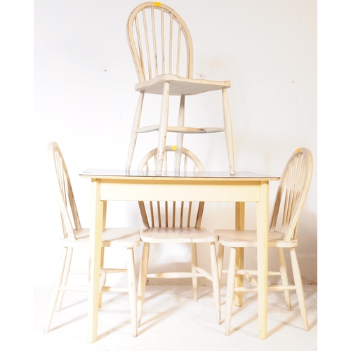 657 - A vintage 20th century kitchen / dining table. With a blue rectangular top with painted frame with t... 