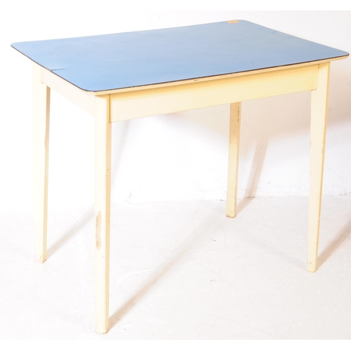 657 - A vintage 20th century kitchen / dining table. With a blue rectangular top with painted frame with t... 