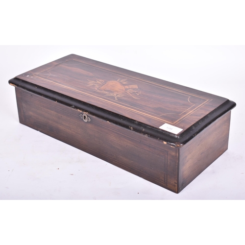 108 - A 19th century Swiss rosewood and marquetry rectangular music box. The box having a chamfered edge h... 