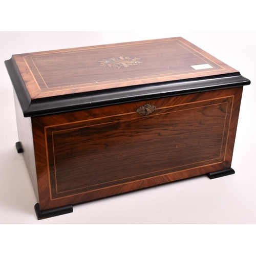 131 - A late 19th century continental Swiss made walnut veneered marquetry 8 airs music box. The box havin... 