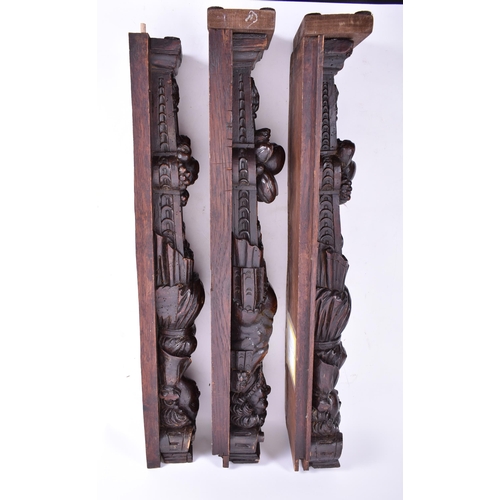 153 - A set of three 16th century French hand carved walnut termes. Each of upright form with carved scrol... 