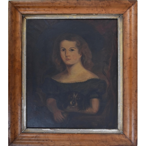 232 - British school (19th century) - A 19th century naive oil on canvas portrait painting of a young lady... 