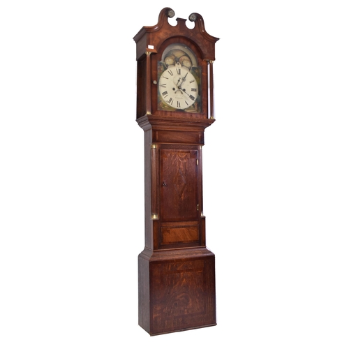 257 - A 19th century oak and flame mahogany moon phase action longcase clock by James Brindley of Newcastl... 