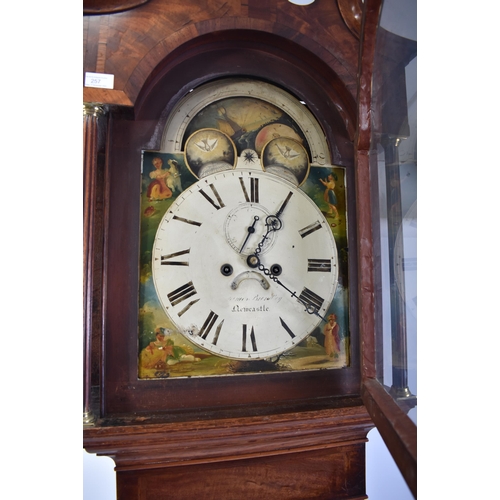 257 - A 19th century oak and flame mahogany moon phase action longcase clock by James Brindley of Newcastl... 