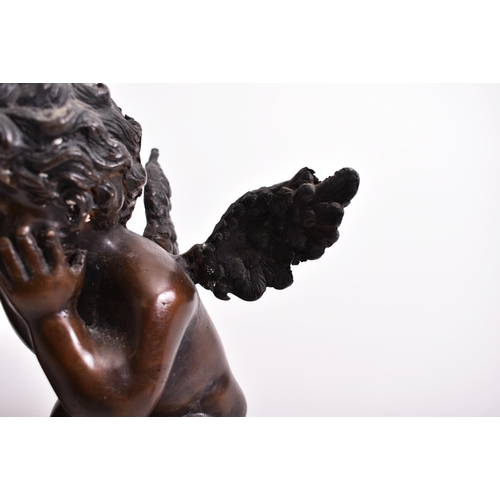 293 - A pair of early 20th century bronze cherub sculptures. Each of the cherubs seated on plinth base, wi... 