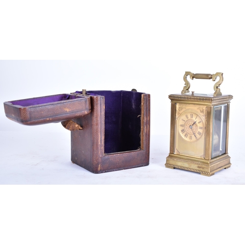 3 - A 19th century French brass cased repeater carriage clock and case. The brass case of architectural ... 