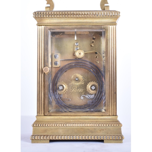 3 - A 19th century French brass cased repeater carriage clock and case. The brass case of architectural ... 