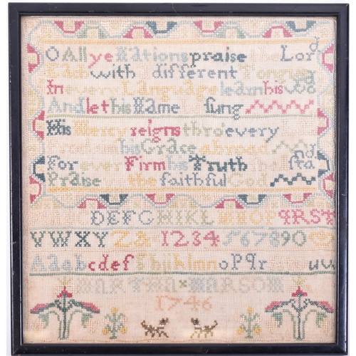 308 - An George II 18th century 1746 needlepoint framed sampler by Martha Marsom. Religious verse, alphabe... 