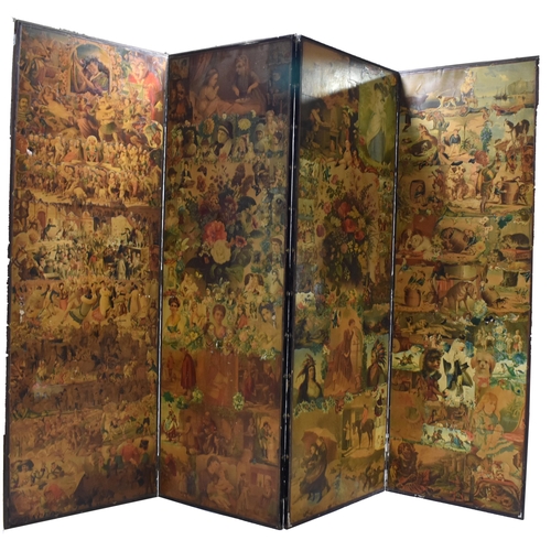 34 - A Victorian 19th century decoupage four fold discretion bedroom screen. The screen decorated with ge... 