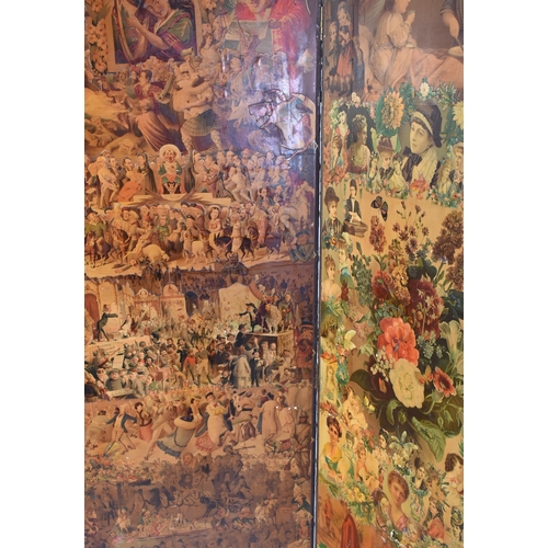 34 - A Victorian 19th century decoupage four fold discretion bedroom screen. The screen decorated with ge... 