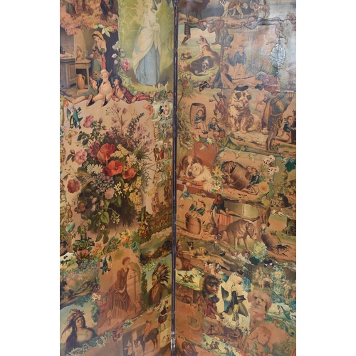 34 - A Victorian 19th century decoupage four fold discretion bedroom screen. The screen decorated with ge... 