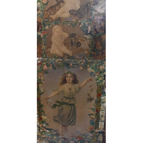 34 - A Victorian 19th century decoupage four fold discretion bedroom screen. The screen decorated with ge... 