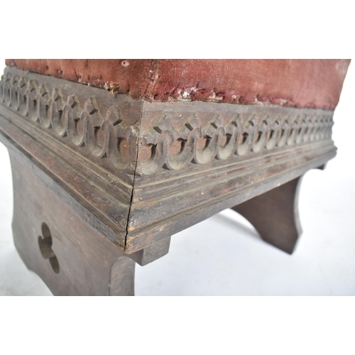 364 - A Gothic manner 19th century oak & horse hair upholstered Pugin manner ecclesiastic stool / seat. Th... 