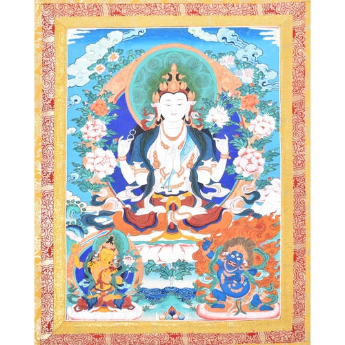 373 - A Tibetan Buddhist Chenrezig Mantra hand painted Thangka scroll panel. The scroll depicting Chenrezi... 