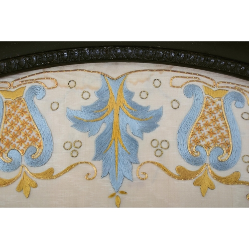 475 - An early 20th century framed silk embroidery panel. The panel featuring French style blue & gilt scr... 