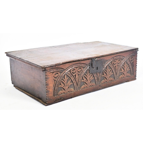 484 - A 17th carved oak bible box chest. The box being of rectangular form having a hinged fold over top t... 