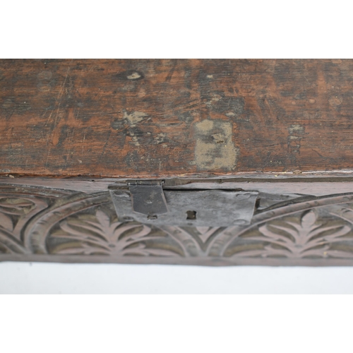 484 - A 17th carved oak bible box chest. The box being of rectangular form having a hinged fold over top t... 