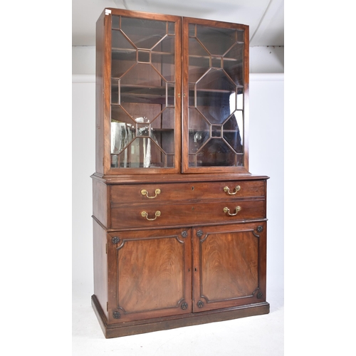 57 - A 19th century George III mahogany secretaire / estate bureau bookcase. Raised on a plinth base with... 