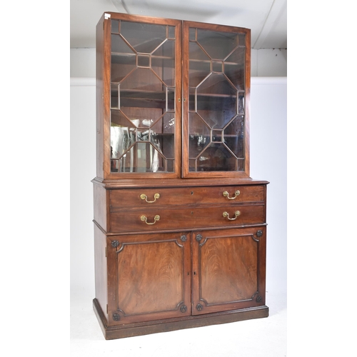 57 - A 19th century George III mahogany secretaire / estate bureau bookcase. Raised on a plinth base with... 