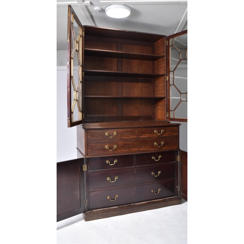 57 - A 19th century George III mahogany secretaire / estate bureau bookcase. Raised on a plinth base with... 