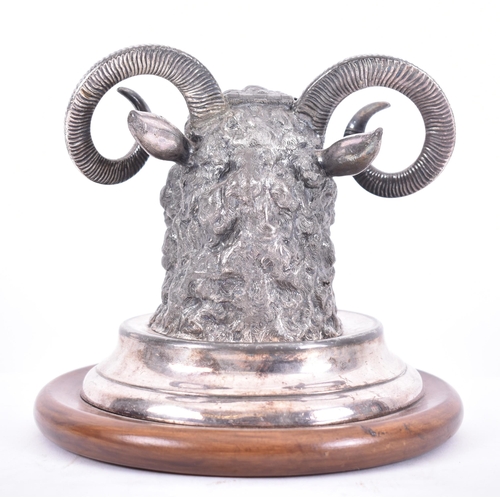 6 - A 19th century Victorian electroplated ram's head inkwell in the manner of Elkington. Raised on a ma... 